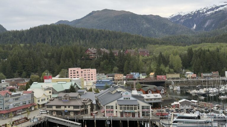 Ketchikan harbour and downtown with forested mountains behind