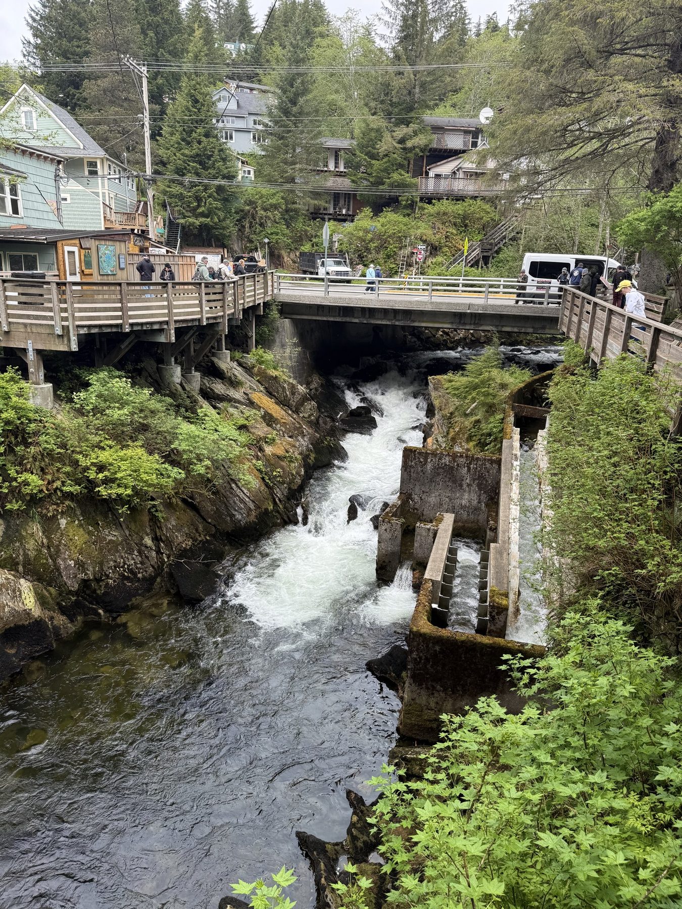 Ketchikan Creek rushing below the boardwalk near Creek Street