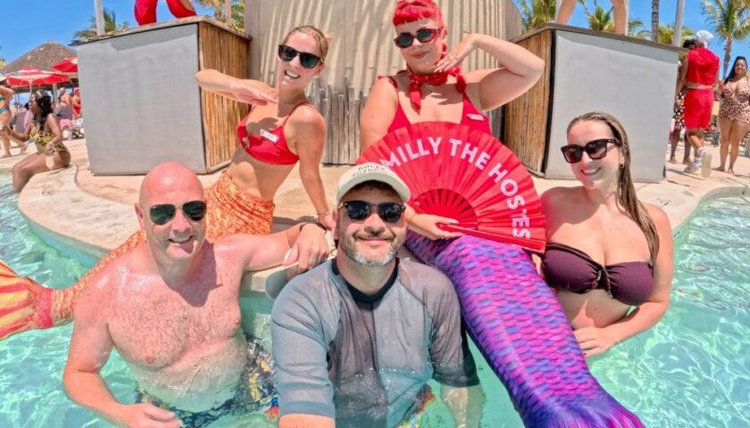 Kieran and friends in the pool with Milly the Hostess at the Beach Club at Bimini