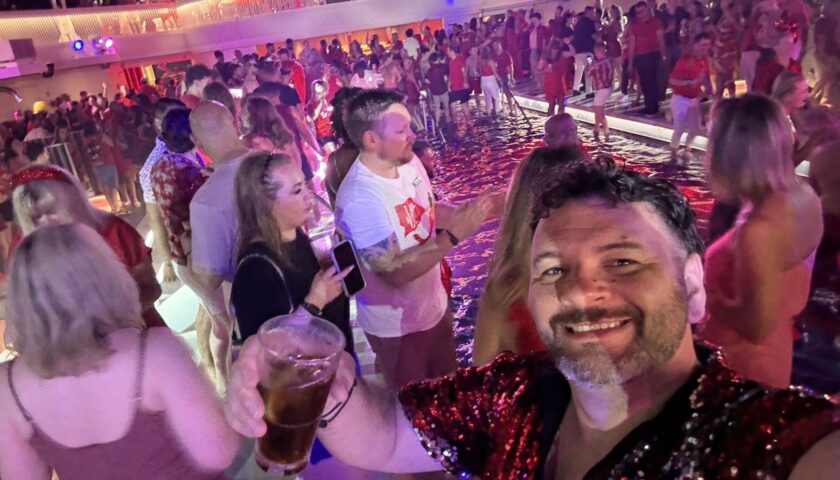 Kieran in a sequin shirt at Scarlet Night on Resilient Lady