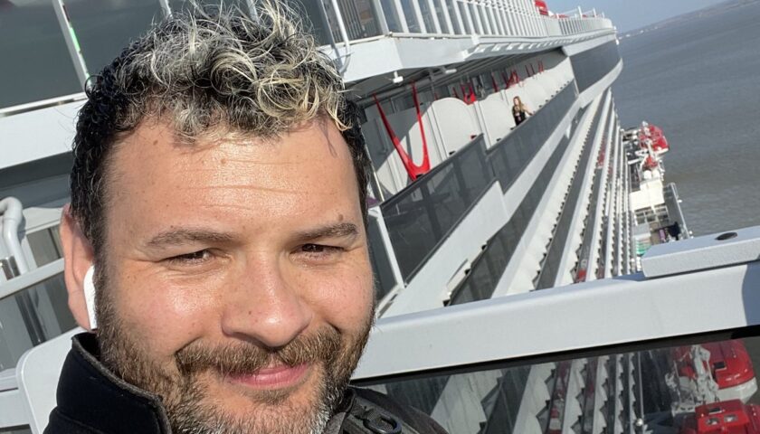 Kieran on a suite terrace during a Virgin Voyages ship visit