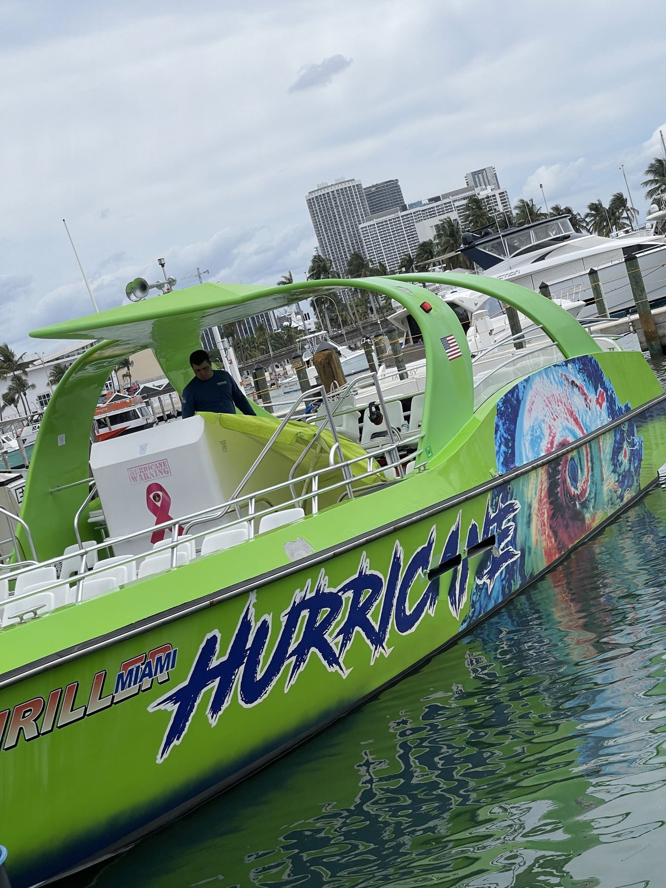 A speedboat waiting at the marina at Bayside Marketplace, Miami