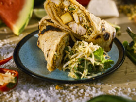 Curry chicken roti with spiced cabbage slaw from the new Beach Club at Bimini menu on Virgin Voyages