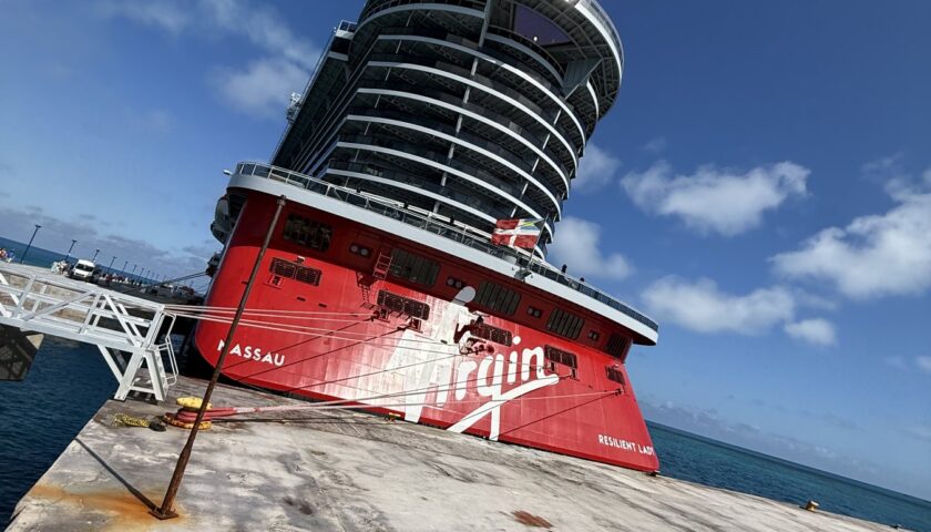 The bow of Virgin Voyages Resilient Lady at the pier in Bimini