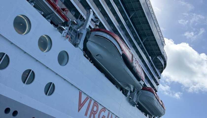 Virgin Voyages Resilient Lady docked at the pier in Bimini