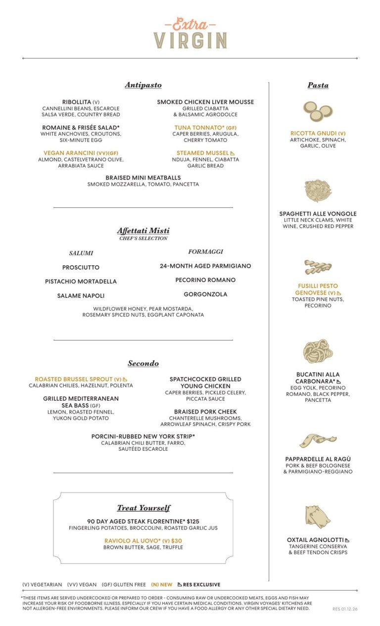 Resilient Lady Extra Virgin ship exclusive dinner menu, Virgin Voyages digital menu, 2026