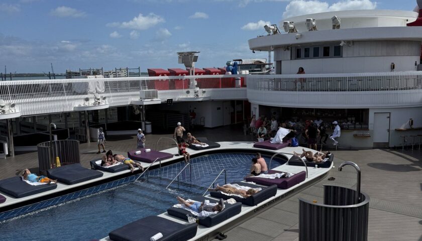 The pool deck on Resilient Lady on embarkation day in Miami