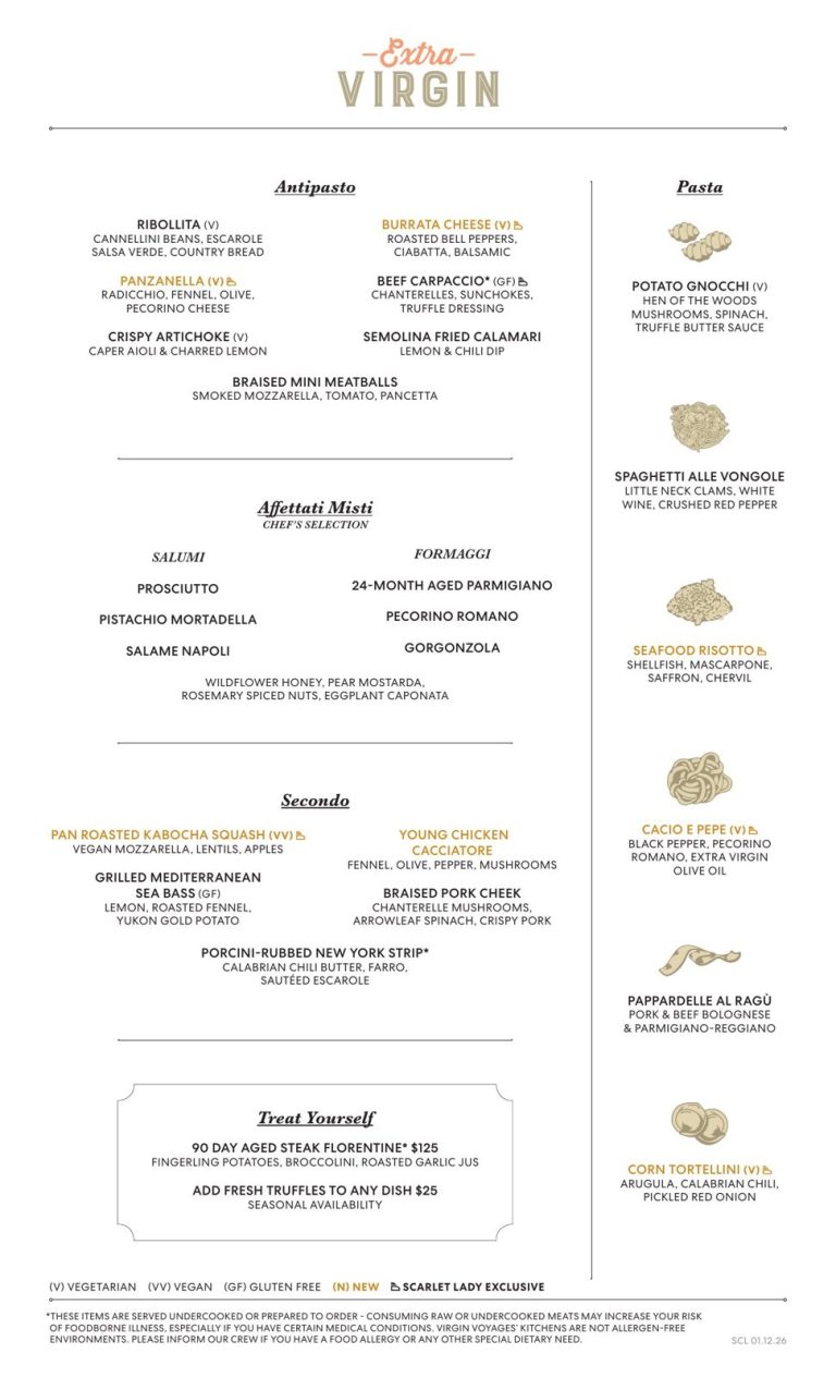 Scarlet Lady Extra Virgin ship exclusive dinner menu, Virgin Voyages digital menu, 2026
