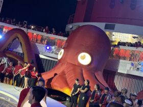 The giant octopus on the pool deck at Scarlet Night, Resilient Lady