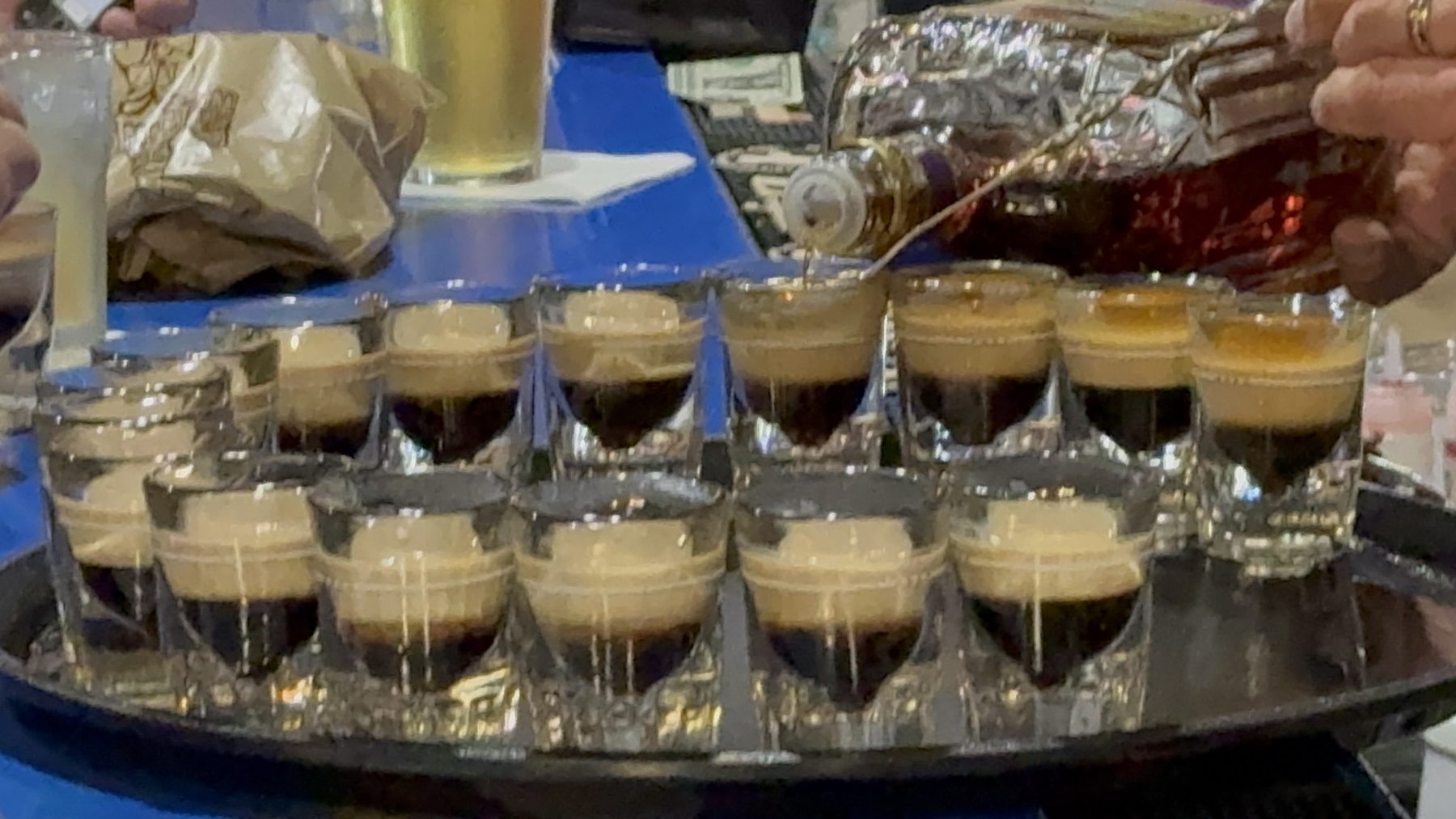 A tray of layered duck fart shots on the Haunted Sitka bar crawl