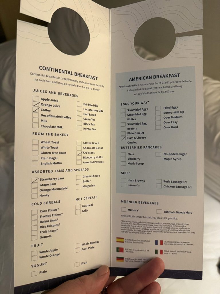 Spectrum Of The Seas Room Service Breakfast Menu (October 2025)