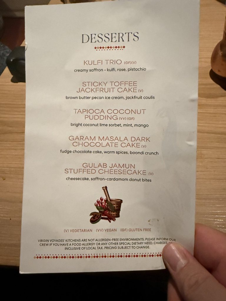 Valiant Lady Ariya dessert menu, August 2026