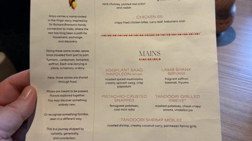 Valiant Lady Ariya dinner menu, August 2026