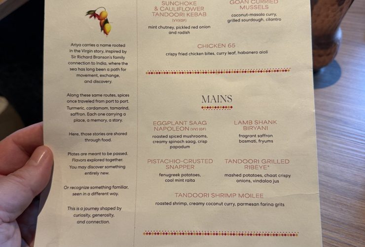Valiant Lady Ariya dinner menu, August 2026