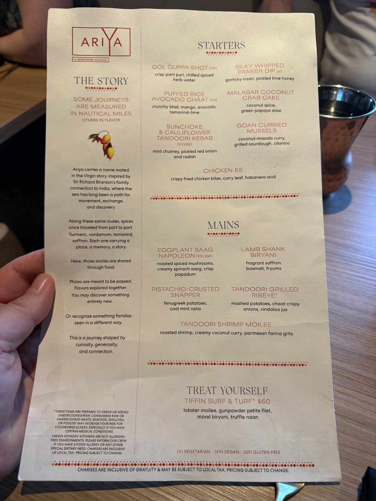 Valiant Lady Ariya dinner menu, August 2026