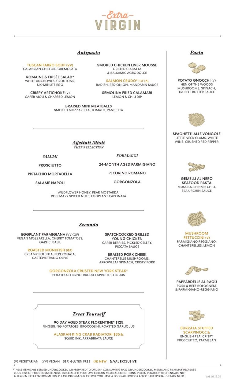 Valiant Lady Extra Virgin ship exclusive dinner menu, Virgin Voyages digital menu, 2026