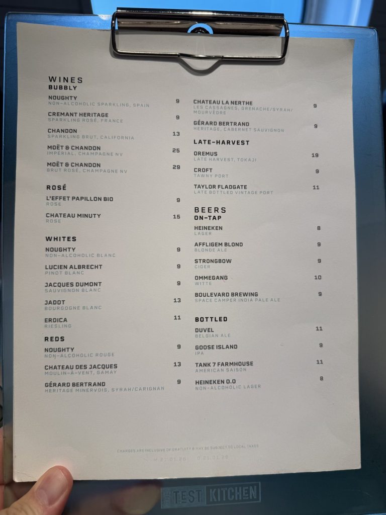 Valiant Lady The Test Kitchen wine beer list, August 2026