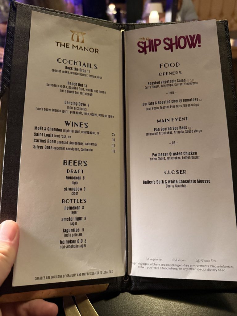 Valiant Lady The Manor cocktails Ship Show menu, August 2026