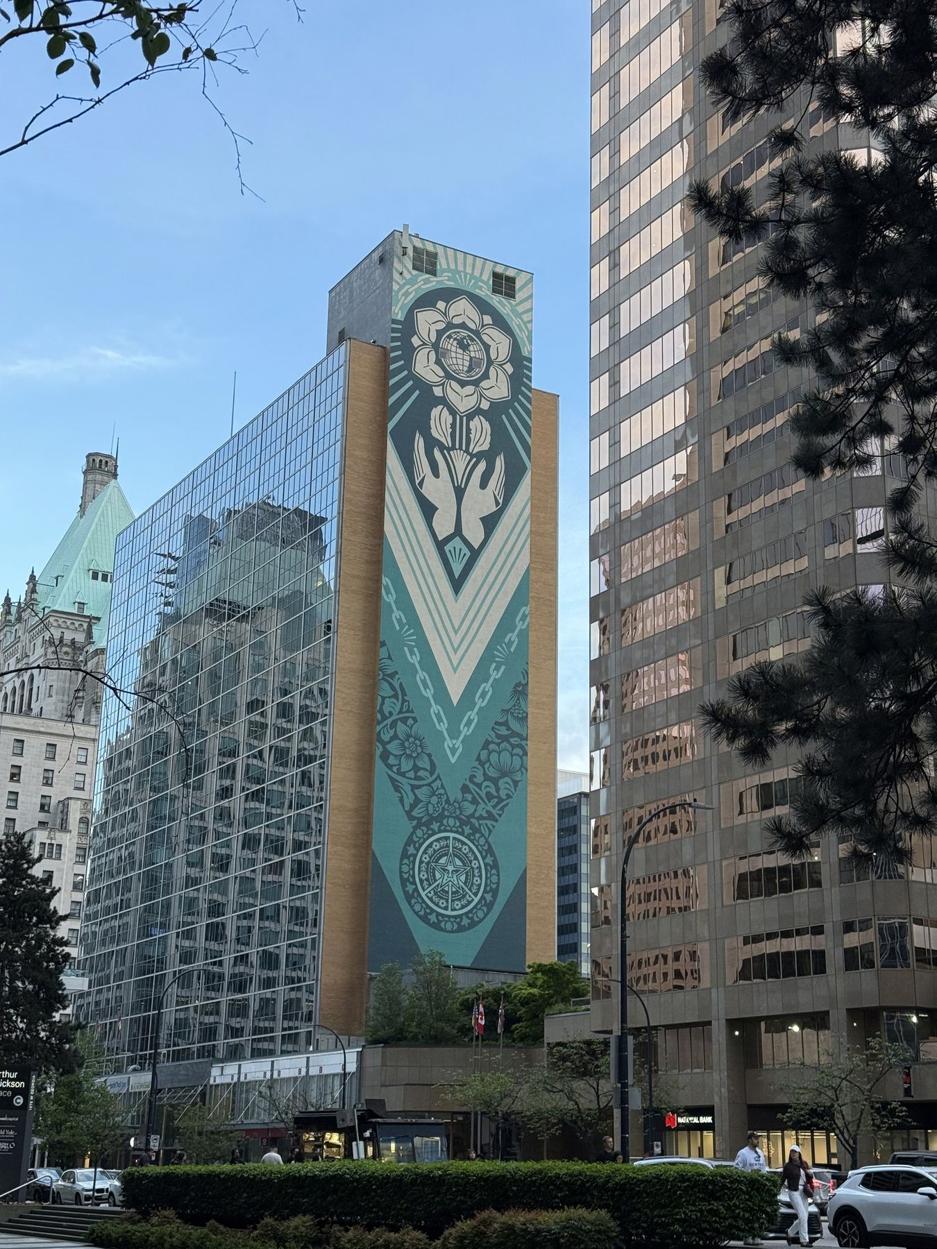 An Indigenous art mural on a downtown Vancouver building