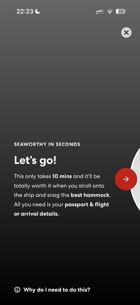 Virgin Voyages app online check-in start screen saying it takes about 10 minutes with your passport and flight details