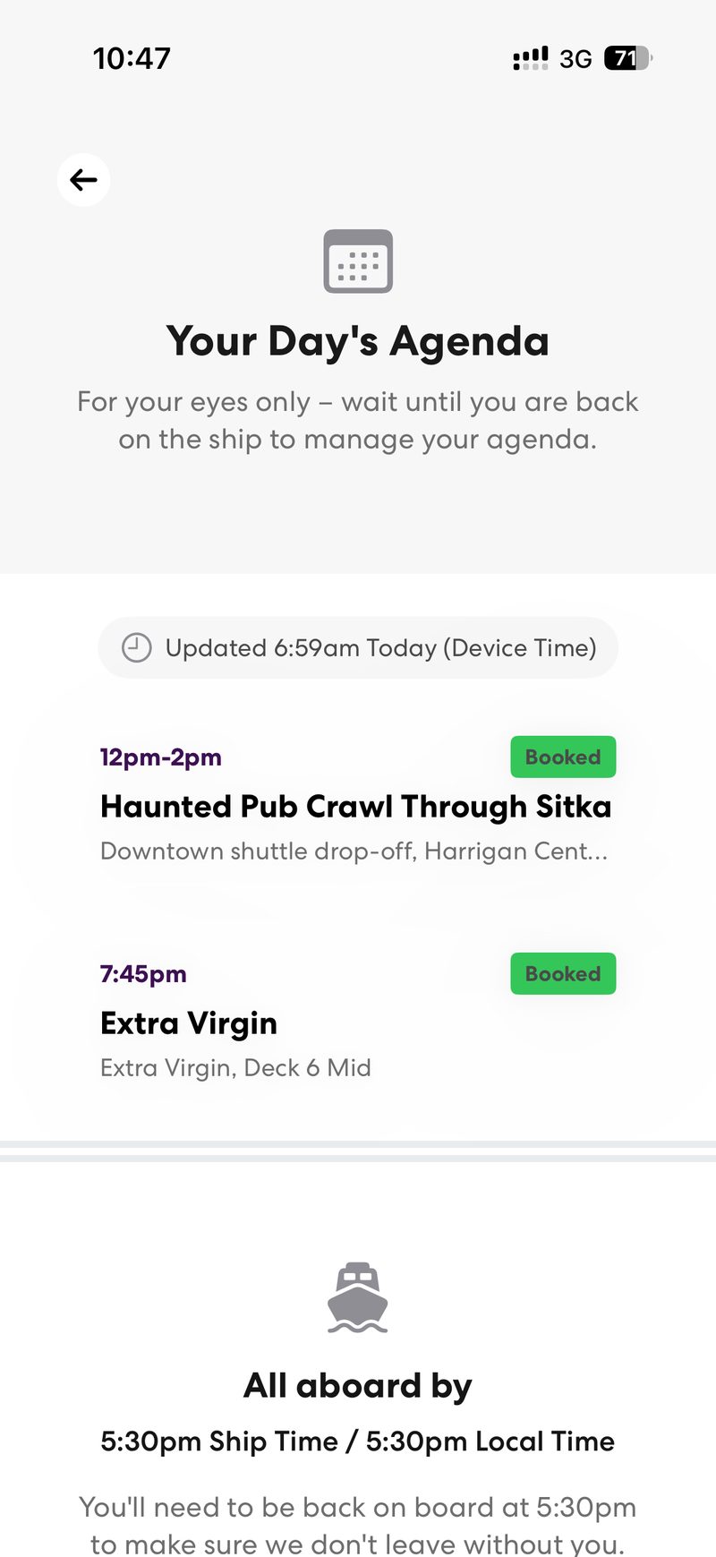 Virgin Voyages app day agenda showing booked plans and the all-aboard time in ship and local time