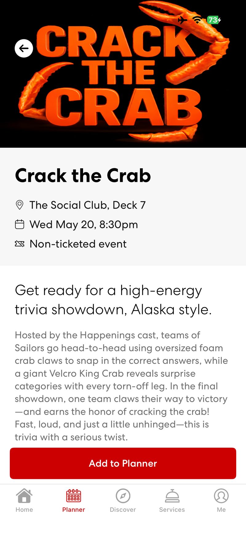 Virgin Voyages app event page for Crack the Crab trivia with an Add to Planner button
