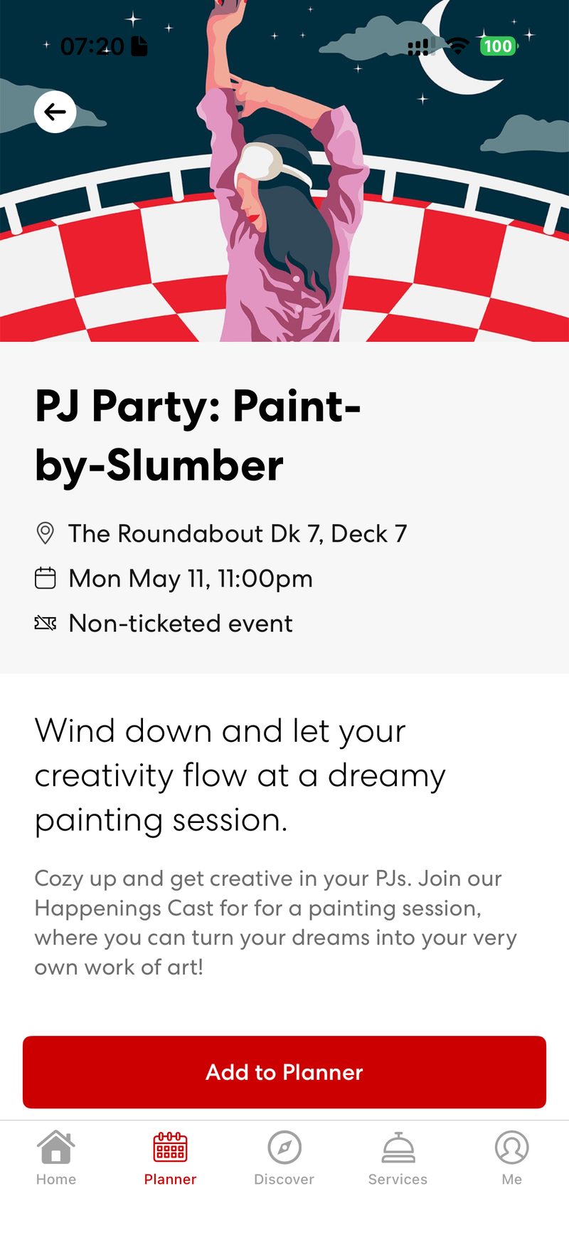 Virgin Voyages app event page for the PJ Party paint session at The Roundabout