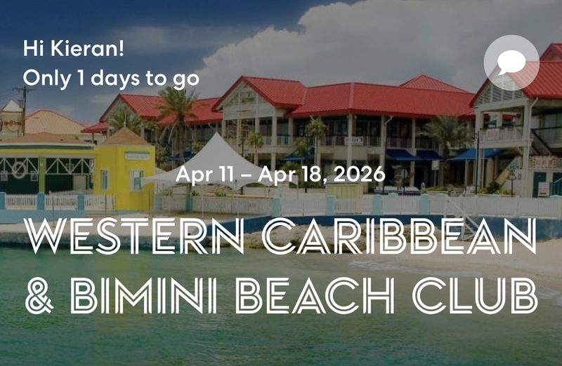 Virgin Voyages app home screen showing the sailing countdown for a Western Caribbean and Bimini Beach Club voyage