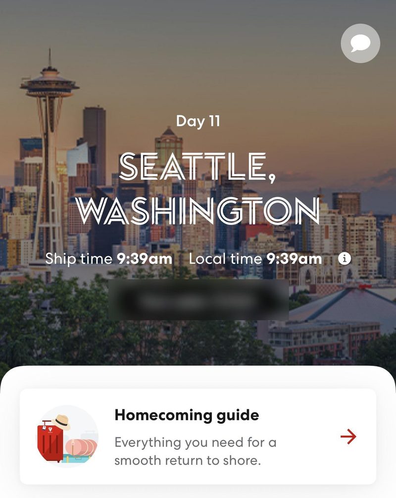 Virgin Voyages app on the final day in Seattle showing the Homecoming guide for disembarkation