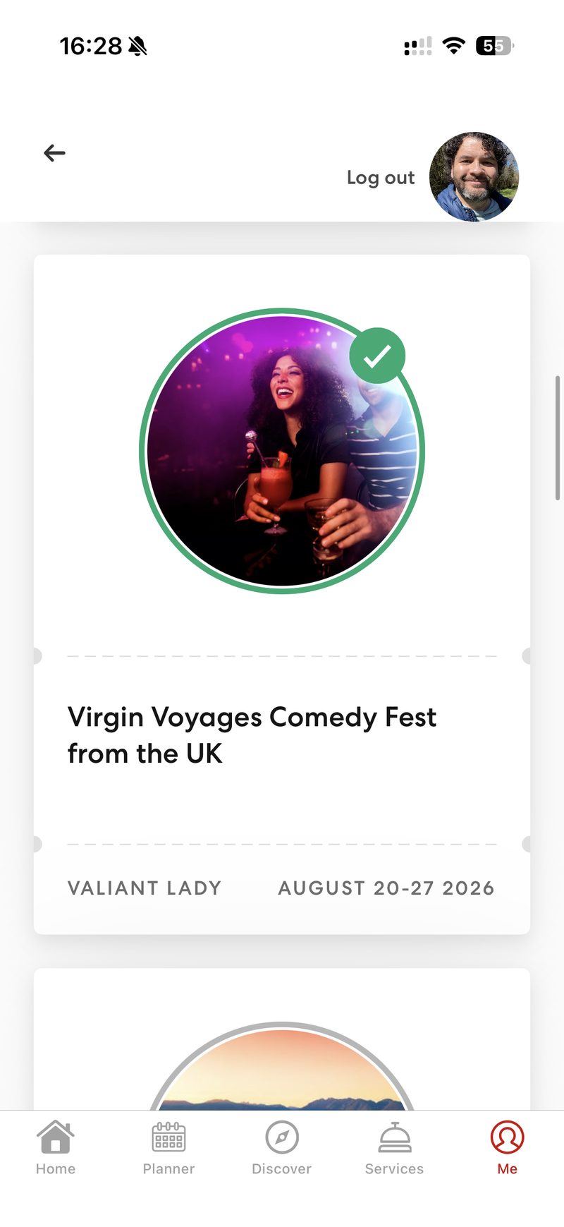 Virgin Voyages app Me tab listing a connected Valiant Lady Comedy Fest voyage