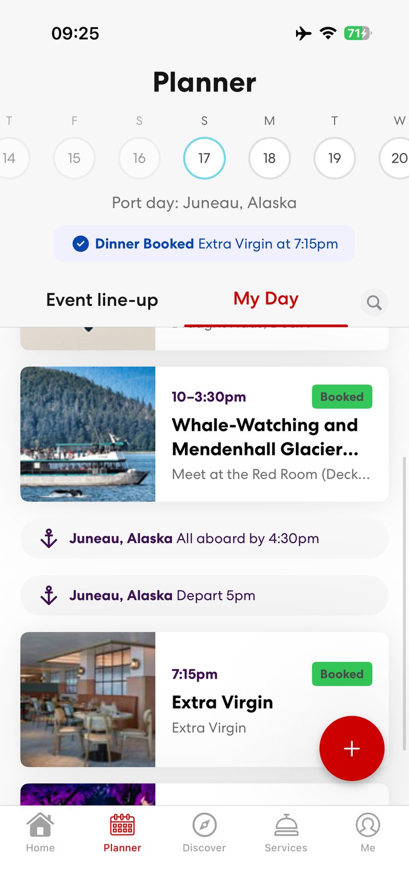 Virgin Voyages app Planner on a Juneau port day with Extra Virgin dinner and a whale-watching Shore Thing booked