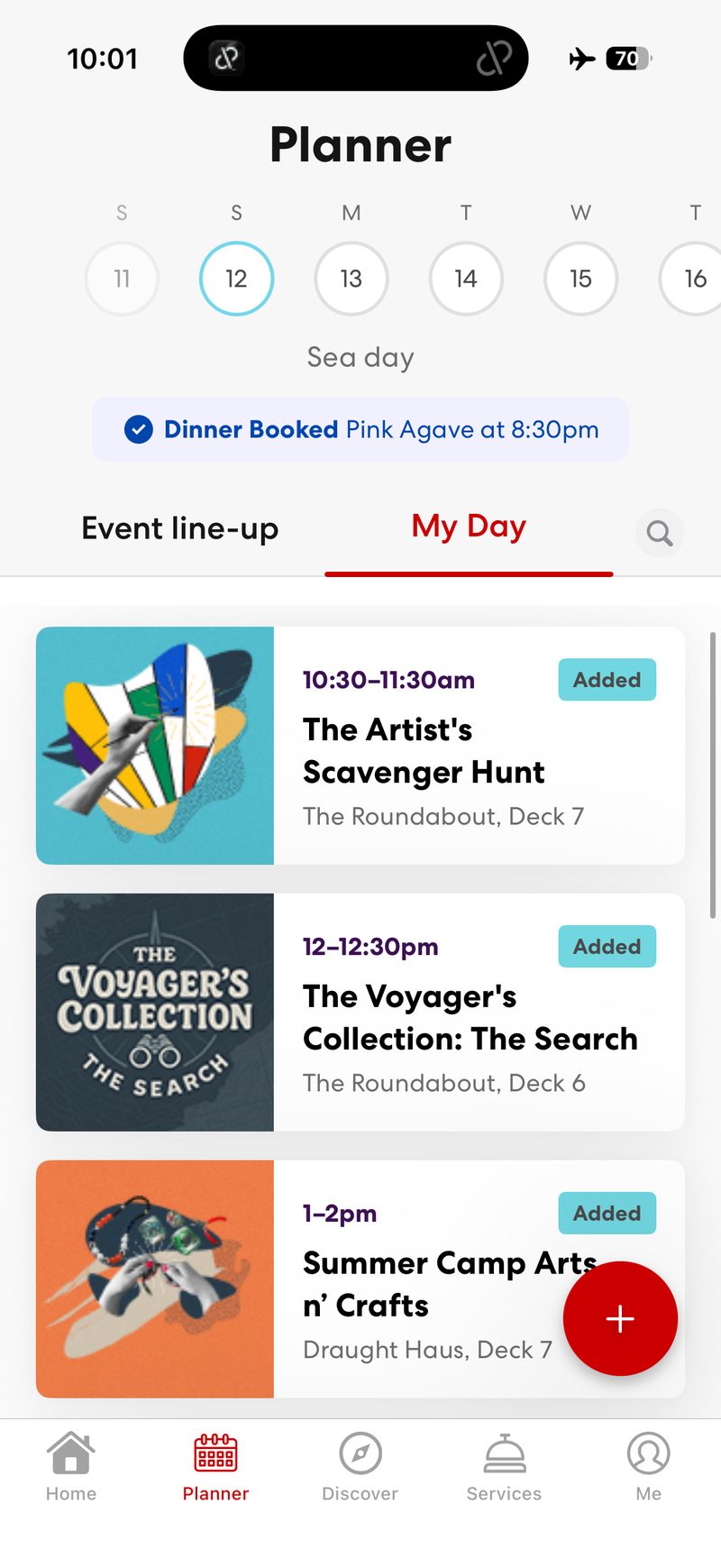 Virgin Voyages app Planner My Day tab with events added to a sea day
