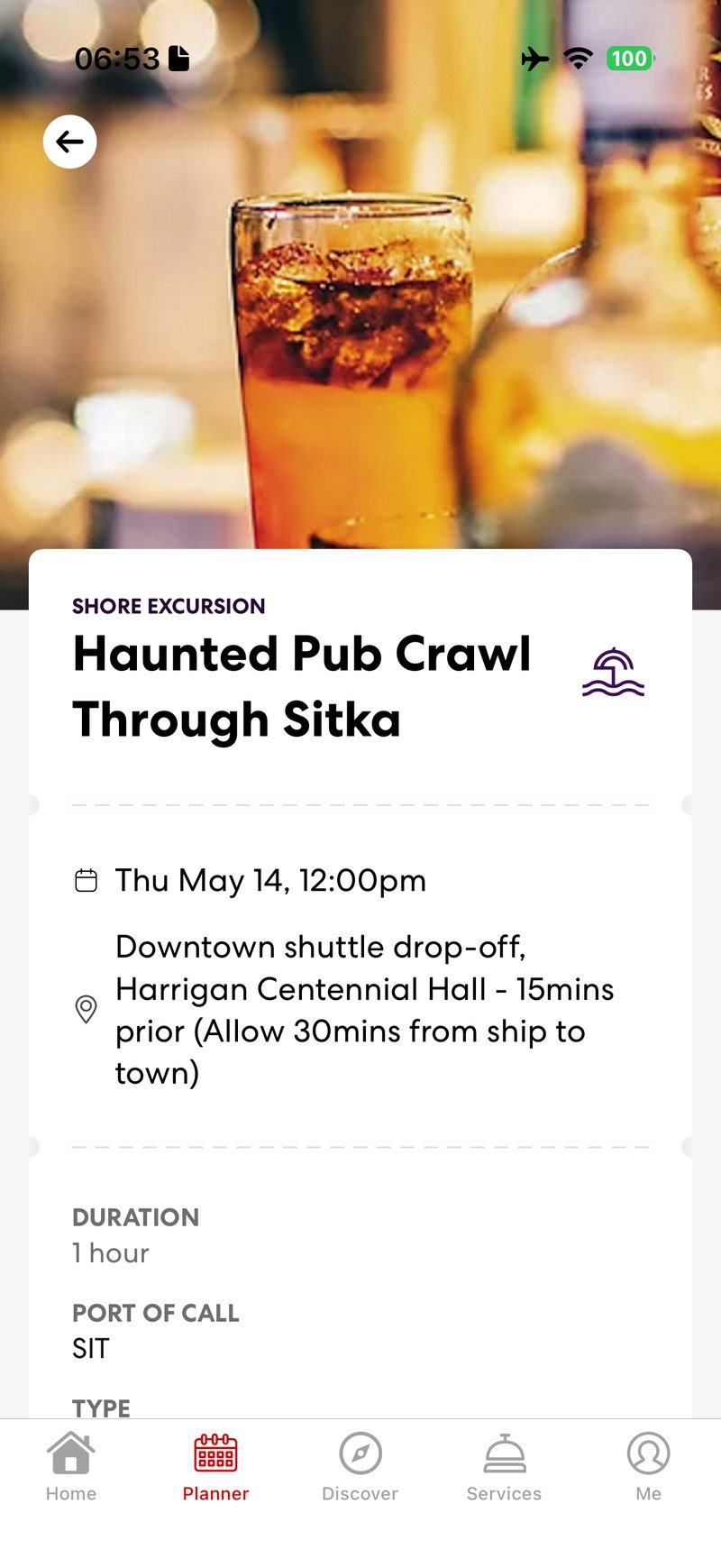 Virgin Voyages app Shore Thing details for a Sitka excursion with meeting point and duration