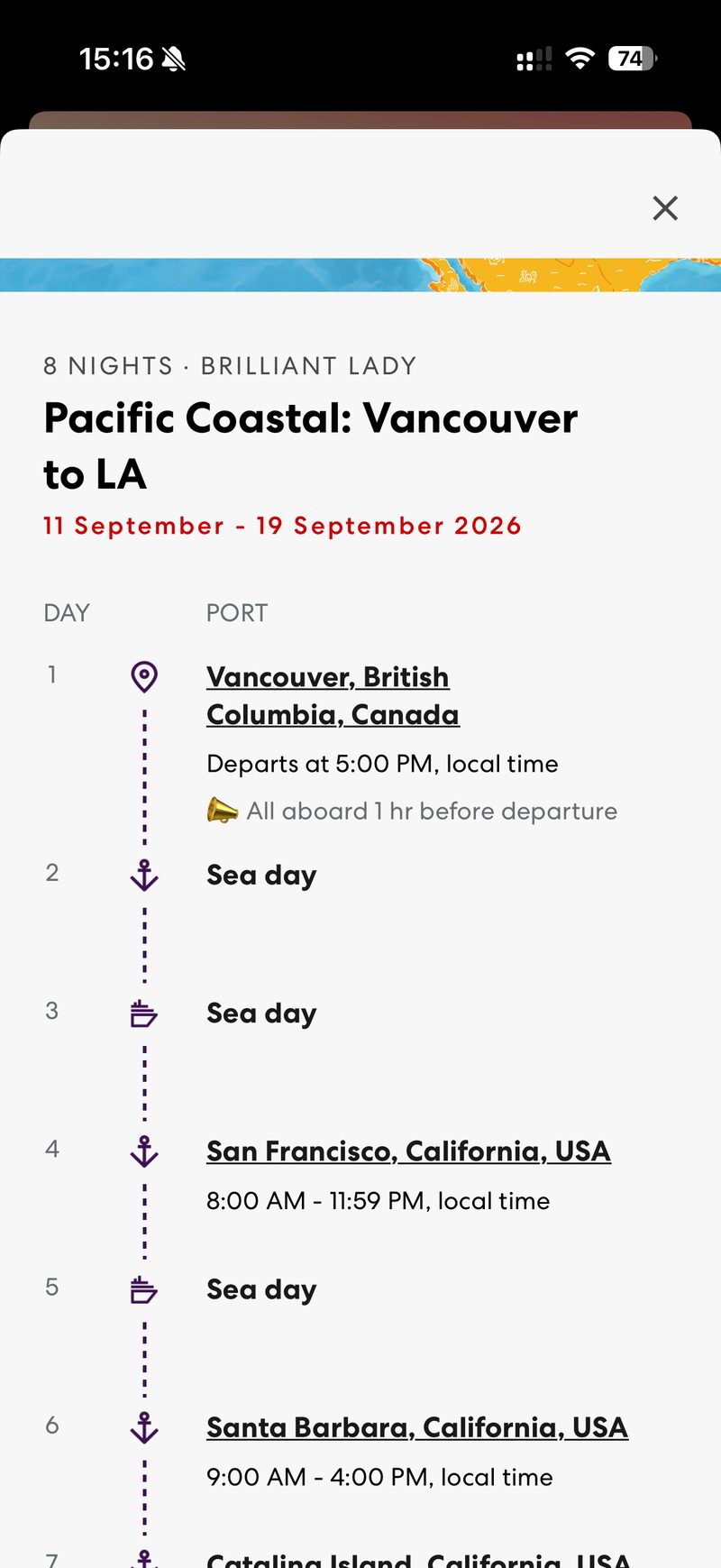 Virgin Voyages app showing the day-by-day itinerary for Brilliant Lady Pacific Coastal Vancouver to LA