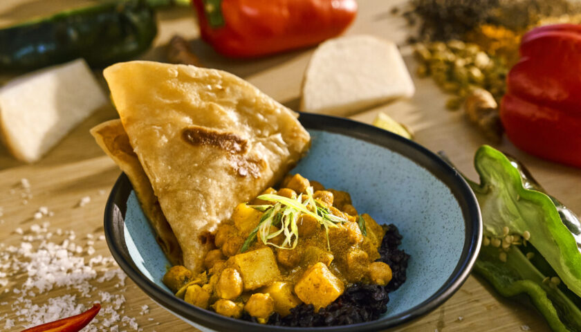 Coconut curry channa on black rice with roti at the Beach Club at Bimini