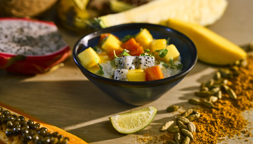 Coconut rice pudding with pineapple, dragon fruit and papaya at the Beach Club at Bimini