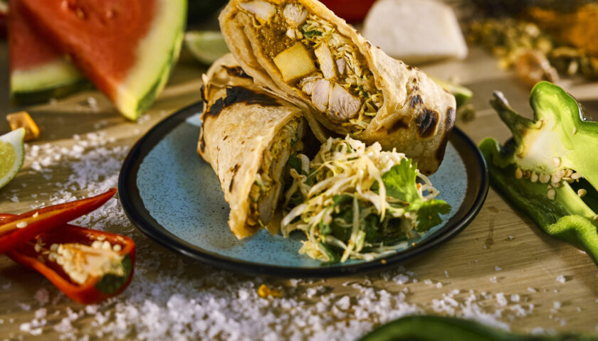 Curry chicken roti with turmeric spiced cabbage at the Beach Club at Bimini