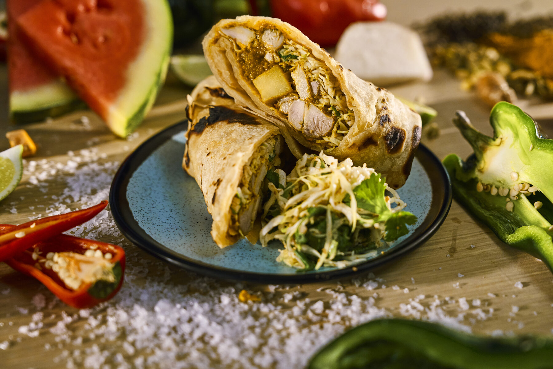 Curry chicken roti with turmeric spiced cabbage at the Beach Club at Bimini