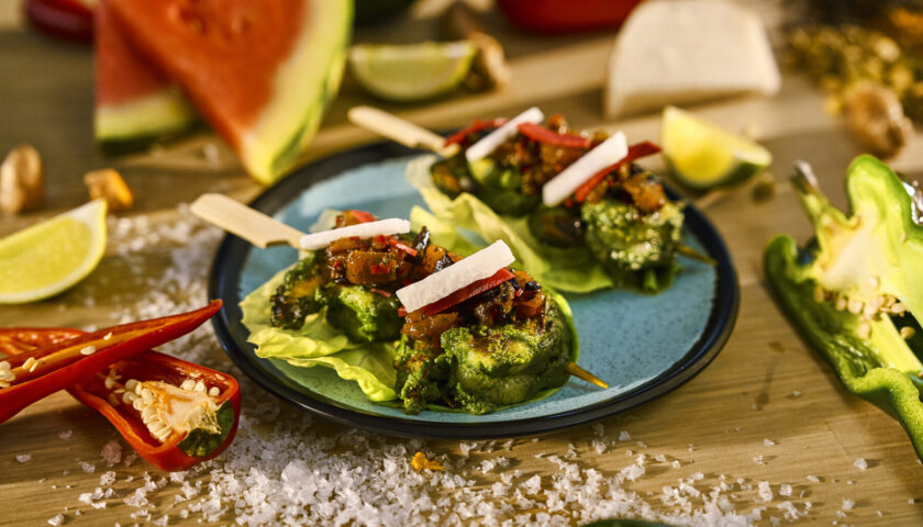 Grilled shrimp skewers with charred pineapple chow at the Beach Club at Bimini