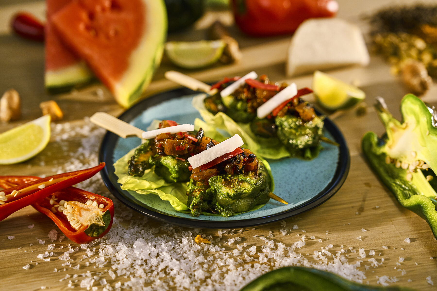 Grilled shrimp skewers with charred pineapple chow at the Beach Club at Bimini