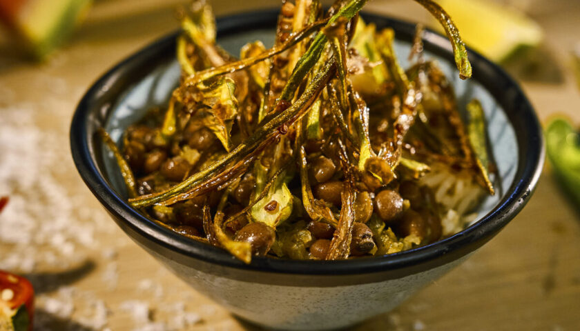 Pigeon peas and rice topped with crispy okra at the Beach Club at Bimini