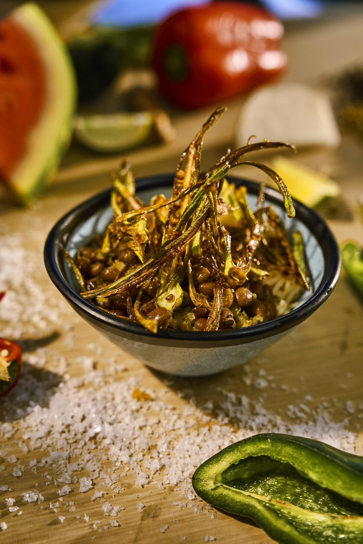 Pigeon peas and rice topped with crispy okra at the Beach Club at Bimini
