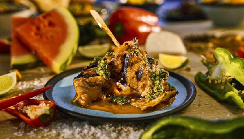 Tamarind BBQ pork skewers with green pepper chimichurri at the Beach Club at Bimini