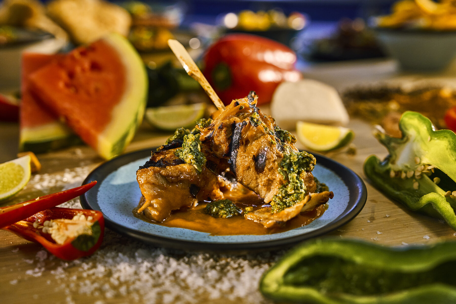 Tamarind BBQ pork skewers with green pepper chimichurri at the Beach Club at Bimini