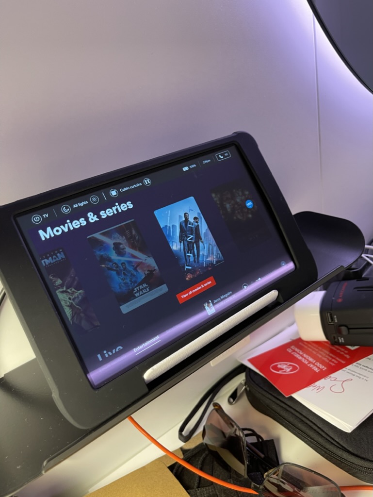 Virgin Voyages cabin tablet controlling the TV, lights and cabin curtains, used to order Ship Eats