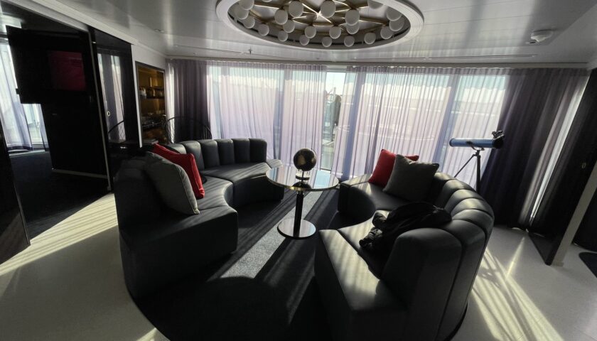 Bedroom in a larger Virgin Voyages RockStar suite