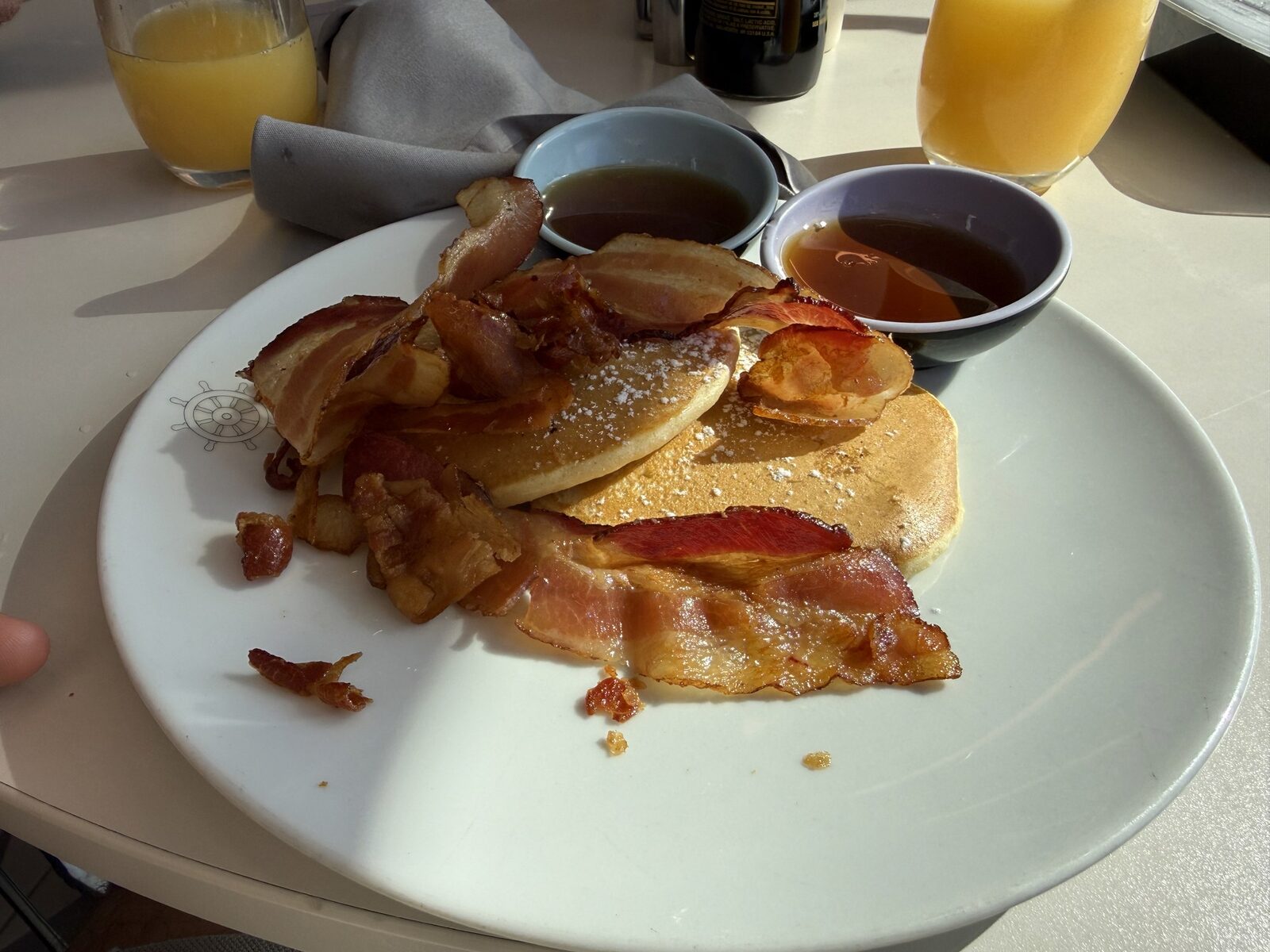 Pancakes and bacon from The Galley on Valiant Lady