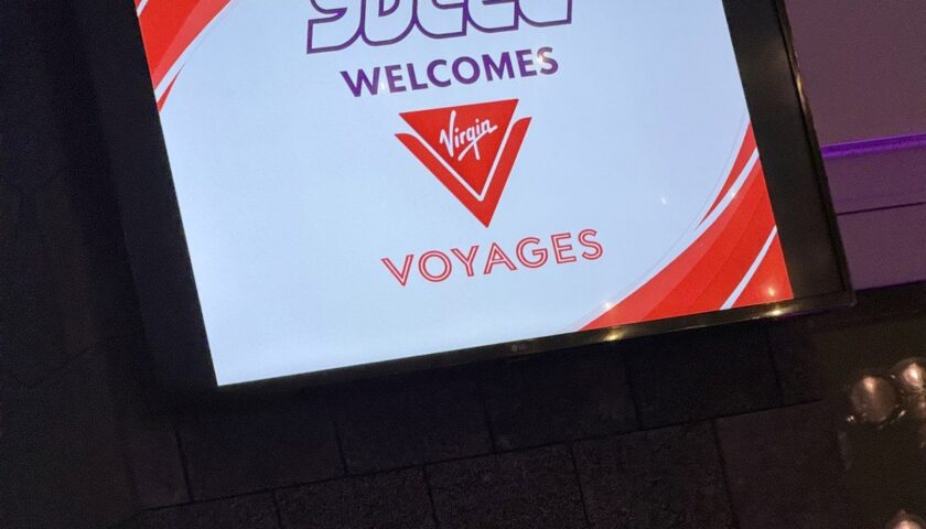A Virgin Voyages welcome screen at the Yotel in downtown Miami